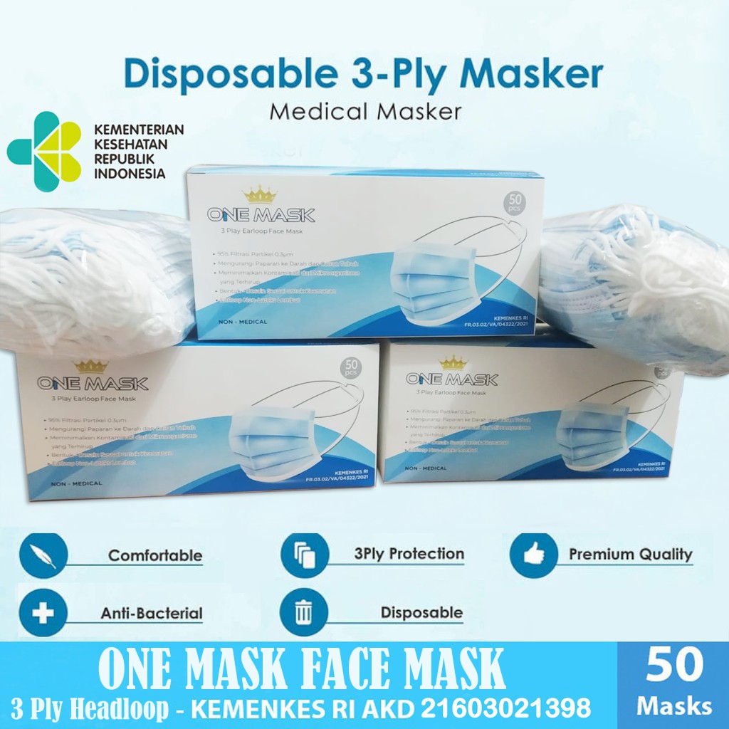 Masker Earloop Mask Face Merk ONE MASK Mask 3 Ply Surgical Mask isi 50 Pcs APD Safety