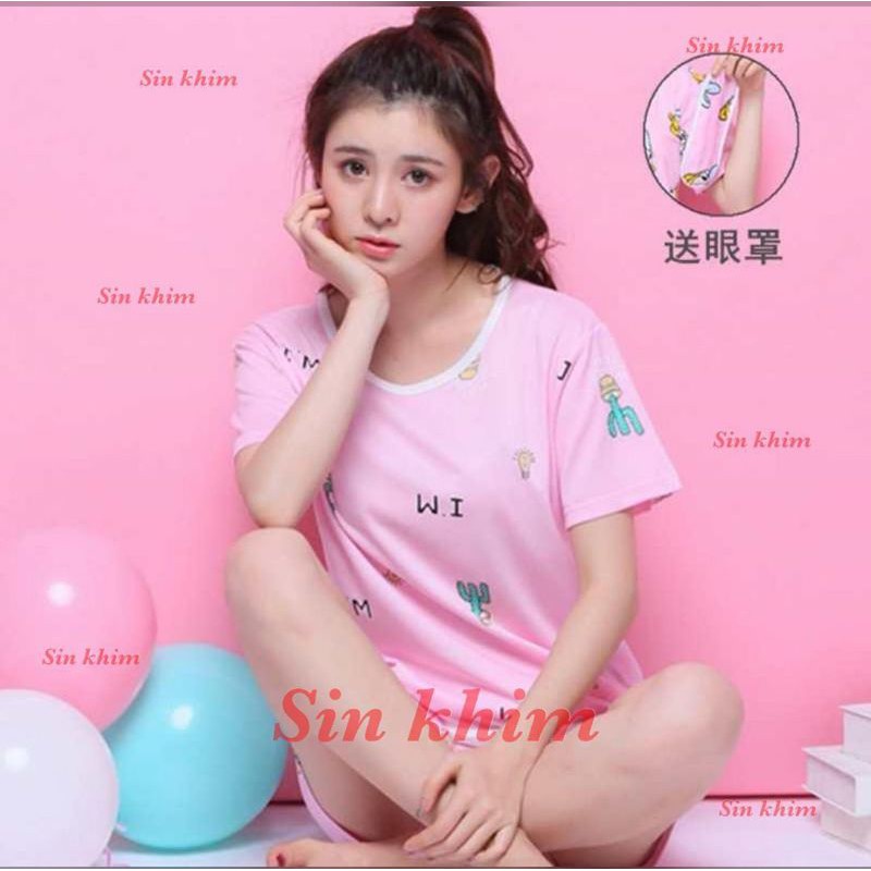 Baju tidur wanita import piyama sleepwear motif pink