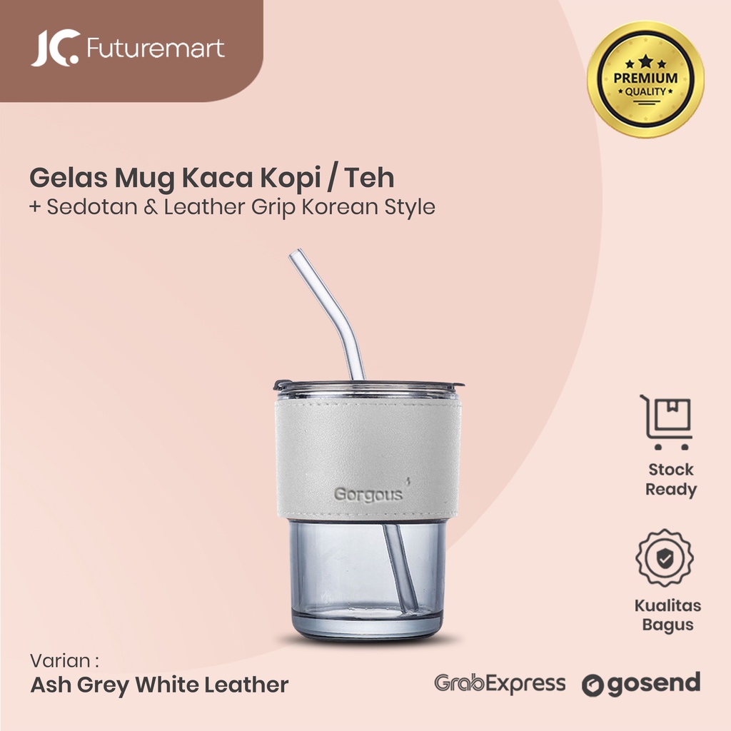 GELAS MUG KACA KOPI TEH SEDOTAN 320ML TUMBLER LEATHER KOREAN STYLE