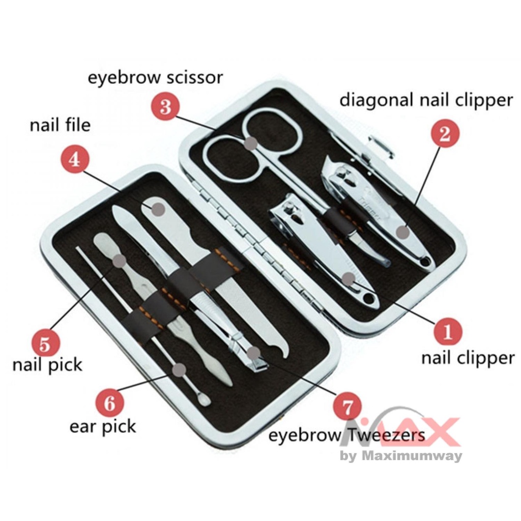 BIUTTE.CO 7set Gunting Kuku, Gunting Alis, Pinset, Kikir Kuku, Korek Kuping, Dompet Organizer 7 Pcs/Set Professional Nail Clippers Cuticle Nipper Pedicure Manicure Cleaner Nail Cutter Kit Case Beauty Tool Home Essential