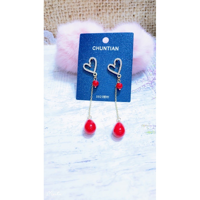 ANTING WANITA GAYA KOREA MUTIARA MERAH JUNTAI LOVE