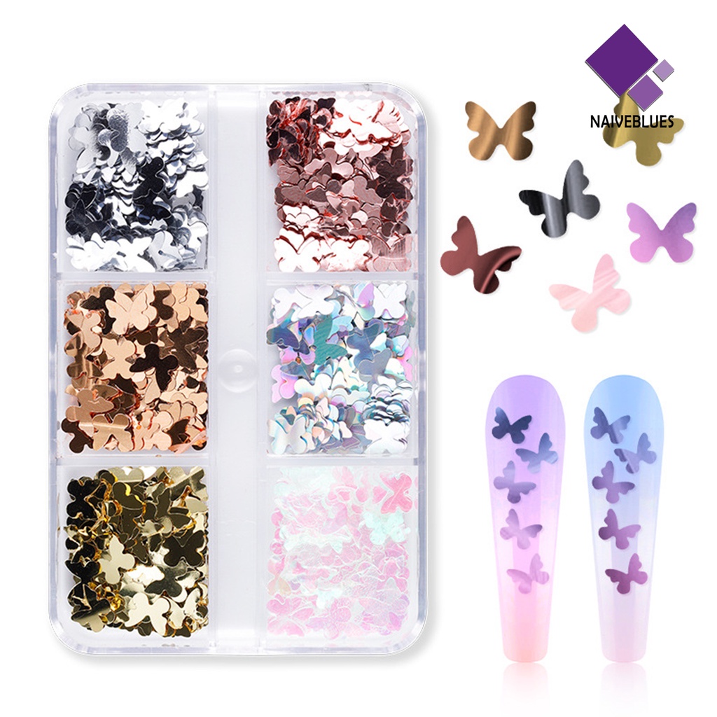 Naiveblue &gt; 6 Sekat / Kotak Sequin / Payet Bentuk Kupu-Kupu Untuk Dekorasi Nail Art Butterfly