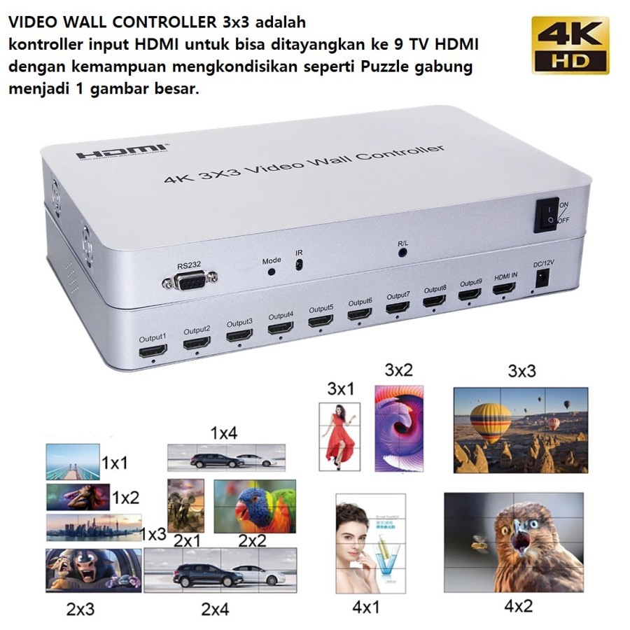 VIDEO WALL 3x3 CONTROLLER HDMI 9 TV to 1 gambar multi 13 splicing mode