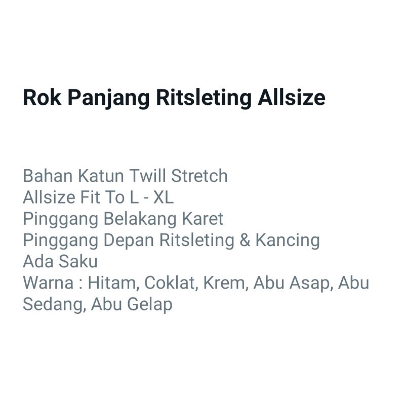 rok panjang katun twill stretch fit to Xl sleting depan,belakang karet-2