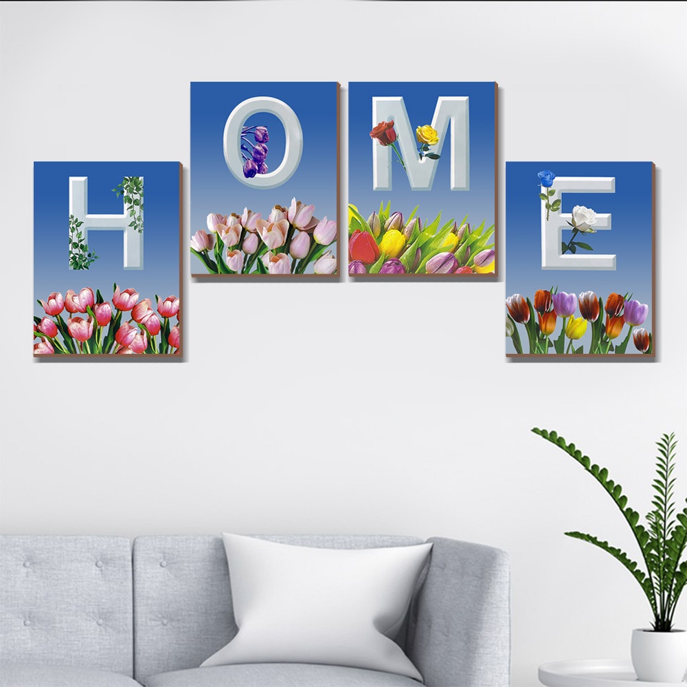 Hiasan Dinding 1 SET isi 4 Walldecor Untuk Dekorasi Rumah - HOME motif Bunga Tulip Pajangan Quotes Home Sweet Home