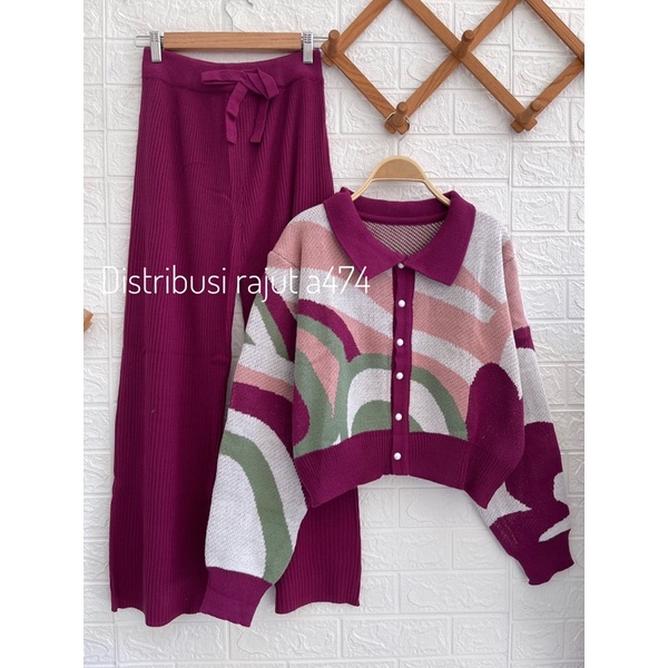 SERBA MAGENTAH ONESET CARDIGAN SWEATER SETELAN KULOT DAN ROK