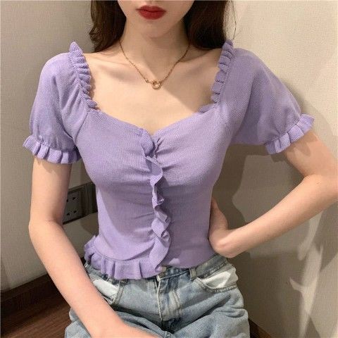 Crop Top Sabrina Rajut Korea Model Lengan Pendek Blouse Atasan Wanita PasBody -1112-Ungu