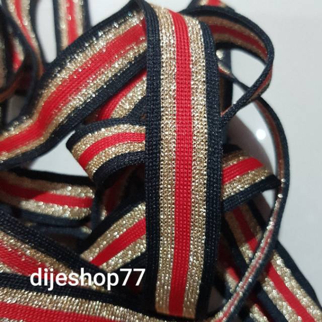 Pita rib Import black gucci gold 2cm PREMIUM TEBAL / pita korea emas hitam merah / pita tebal bisban