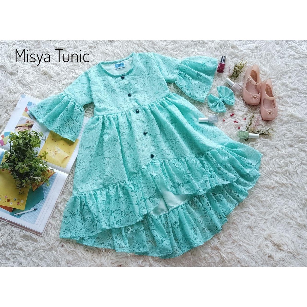 Misya Tunic/Tunic Anak dan Dewasa Kekinian/Tunic Brukat Kekinian Wanita Warna Mint