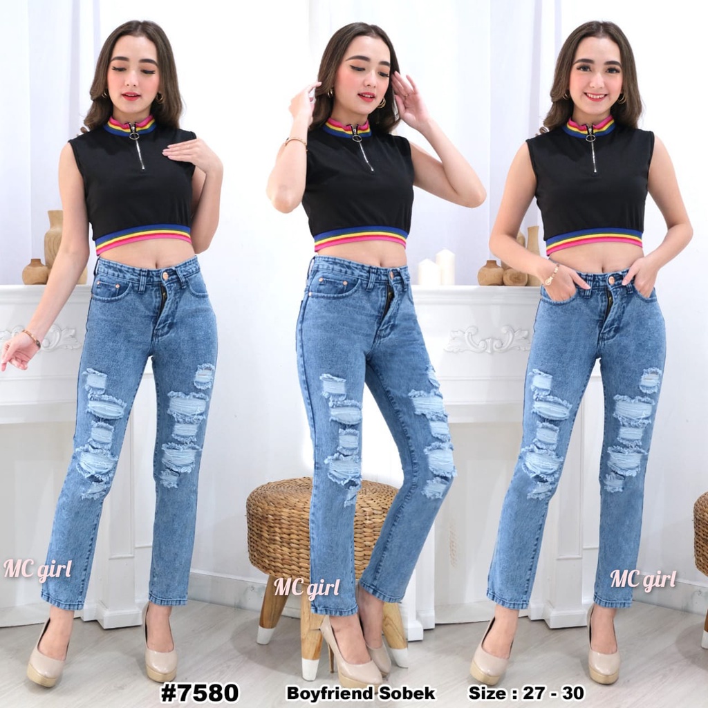 ( Size 27 - 34 ) MC girl - Celana Jeans Boyfriend Sobek Tidak Tembus Wanita / Celana Jeans Boyfrien Ada Lapisan / Boifriend Pants Lapis / Celana Denim Ripped / Celana Lepis Kulot Koyak Loose Riped Cewek