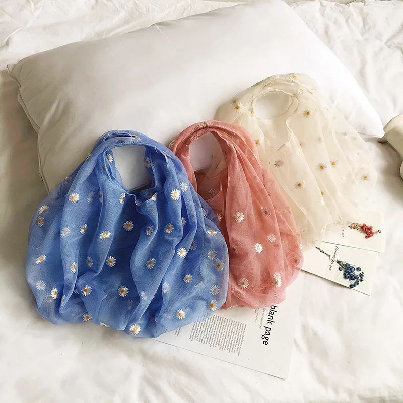 TAS TANGAN WANITA BORDIR TILE EMBROIDERED DAISY TULLE TOTE BAG SHOPPING (ZARA LOOK A LIKE)