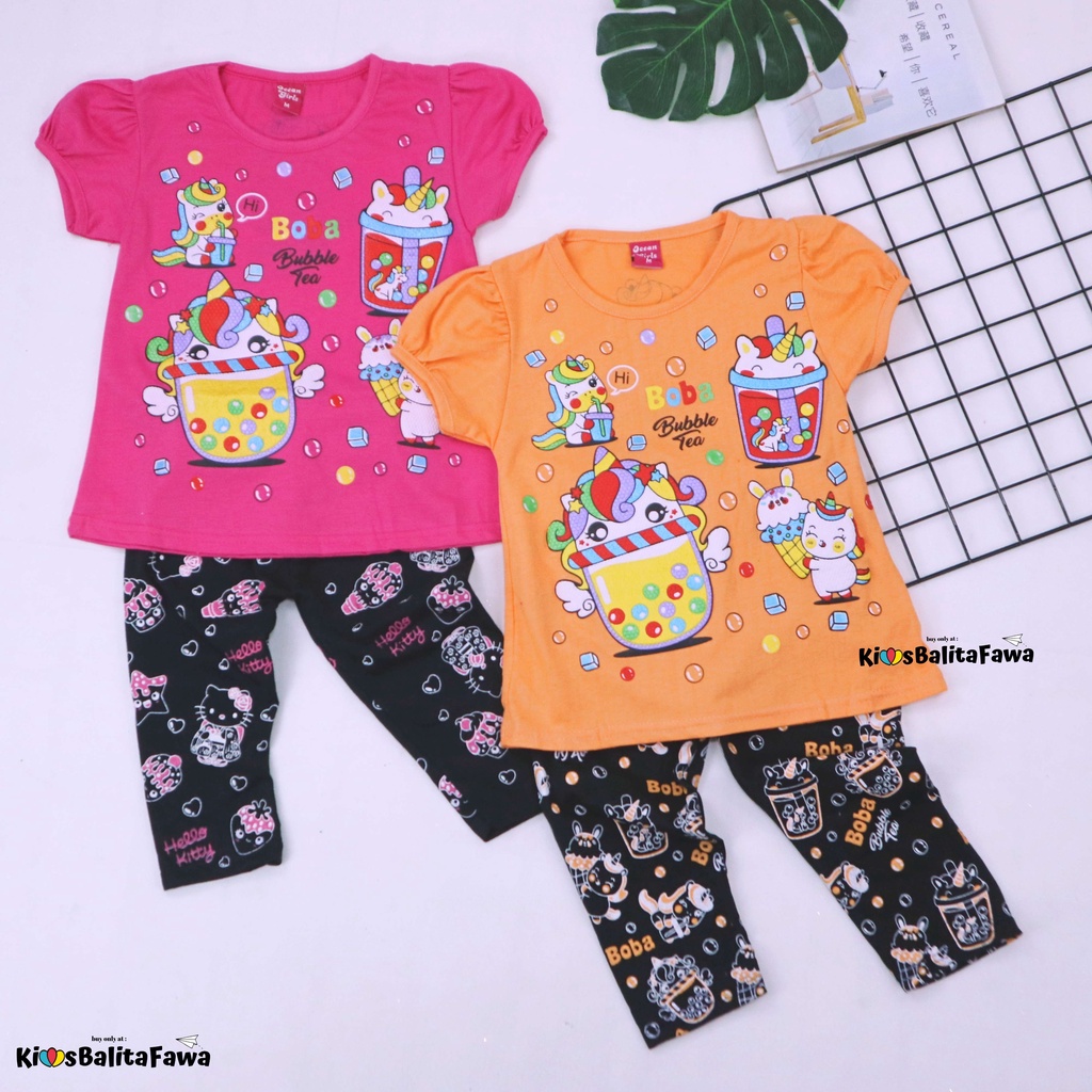 Setelan Boba uk 2-6 Tahun / Baju Karakter Legging Anak Perempuan Celana Panjang Import Babycinnamon