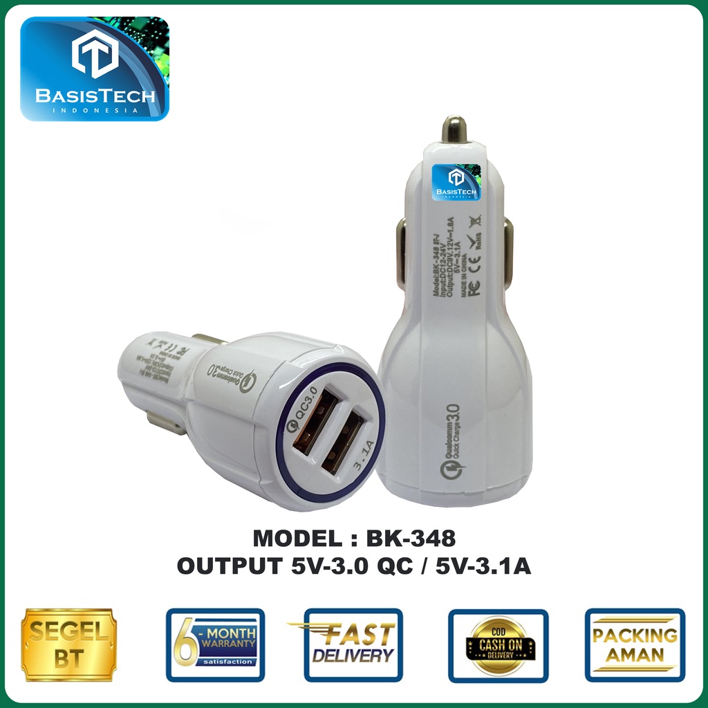 CHARGER MOBIL CASAN MOBIL 2 PORT USB 6A QC3.0 BK-348 FAST CHARGER