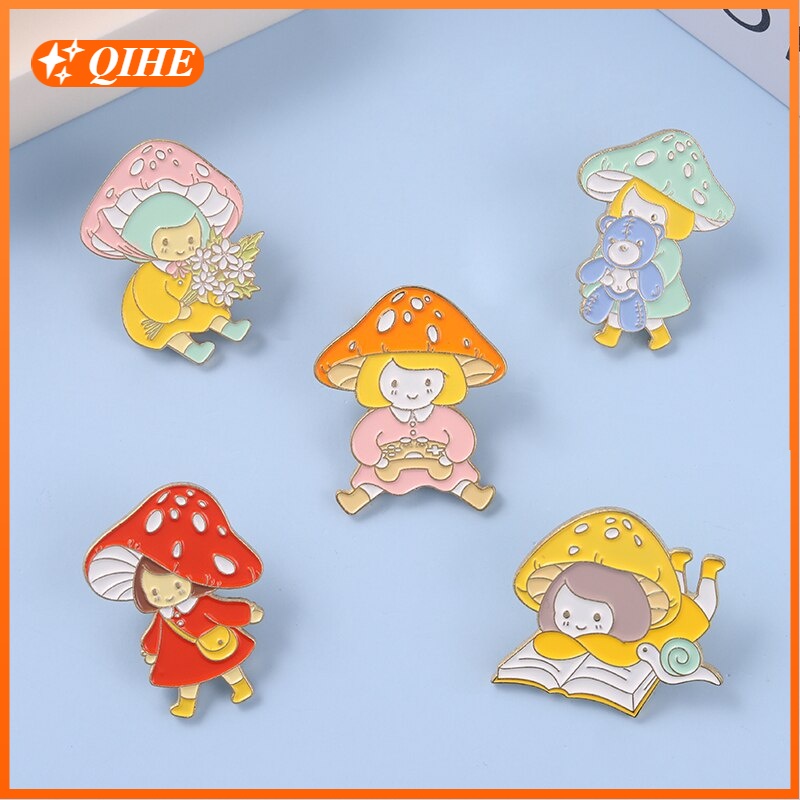 Mushroom Girl Enamel Pin Flower Book Bear Brooch Badges Clothes Lapel Pin Cap Bag Creative Fun Jewelry Gift For Child