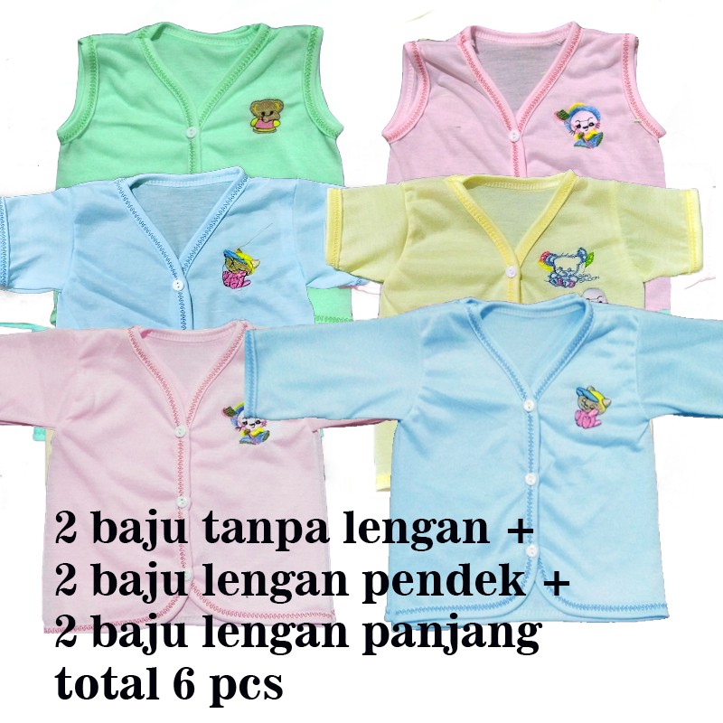 6 pcs- Atasan/ baju bayi  3 jenis -2 tanpa lengan+2 lengan pendek+ 2 lengan panjang