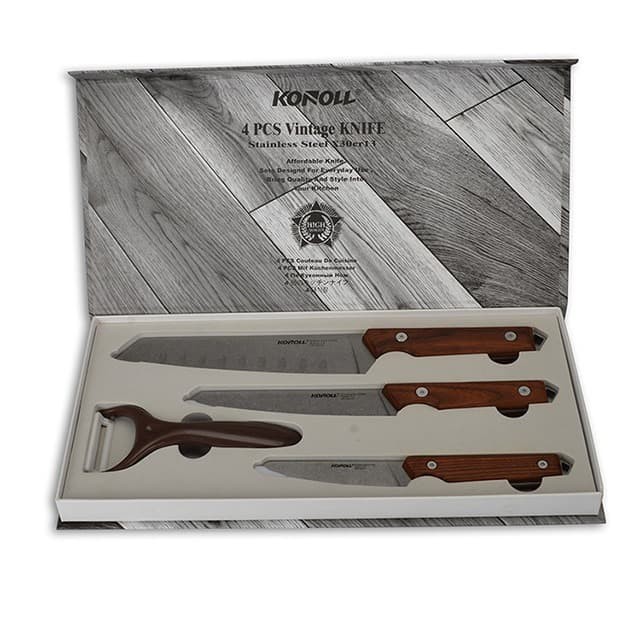 KNIFE SET 3 + 1 WITH OAK HANDLE l Set3 Pisau Stainless l Pisau Dapur