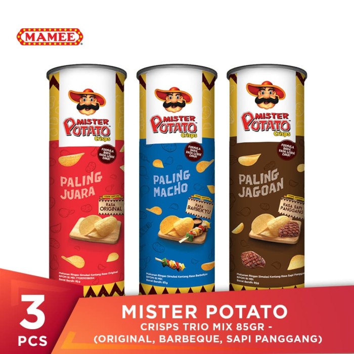 

54eh Mister Potato Crisps Trio Mix 85Gr - (Original, Bbq, Sapi Panggang) 60Jh