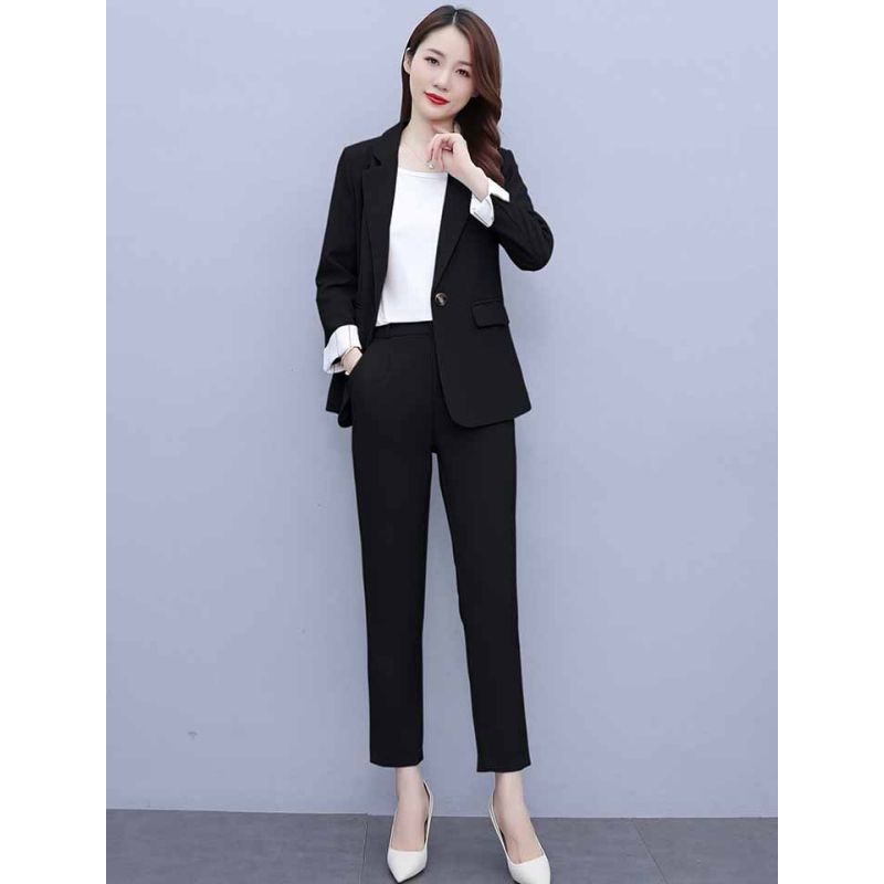 Setelan wanita atasan blazer hitam model kantong kedua sisi katun Korea + celana panjang elegant