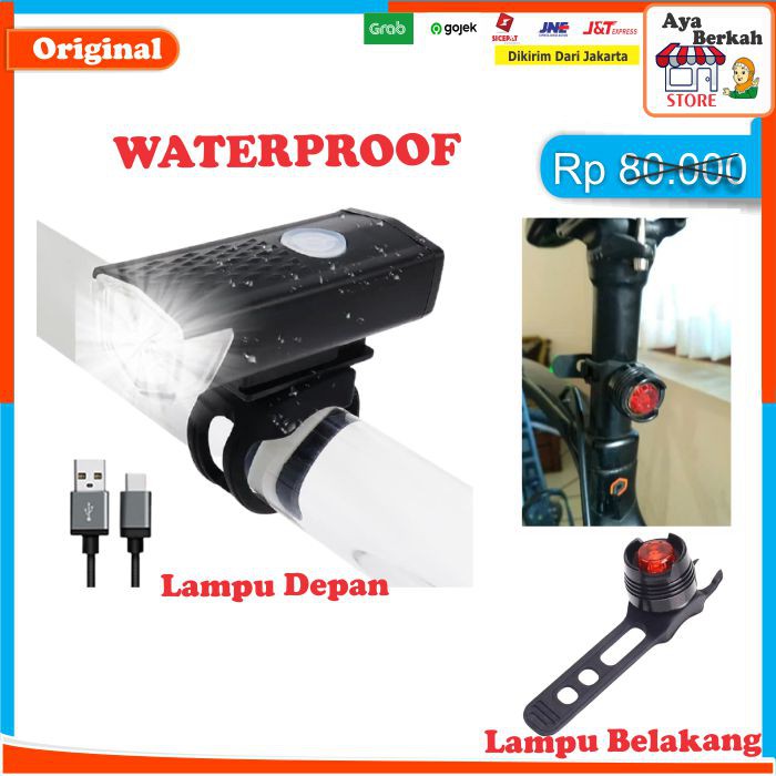 Paket 2in1 Lampu Sepeda LED Light Depan dan Belakang Rechargeable Charger Waterproof Murah JAKARTA