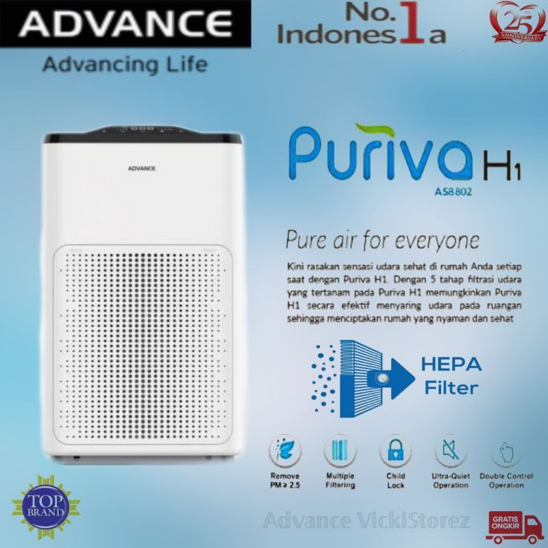 Purifier Udara Advance Puriva H1 - Penyaring Partikel PM2.5 dan Fitur Child Lock
