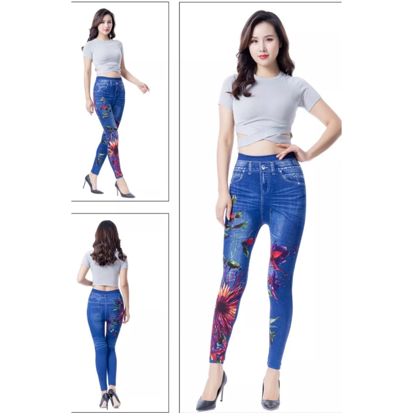 Legging jeans faux kasual elastis tinggi /peregangan legging olahraga
