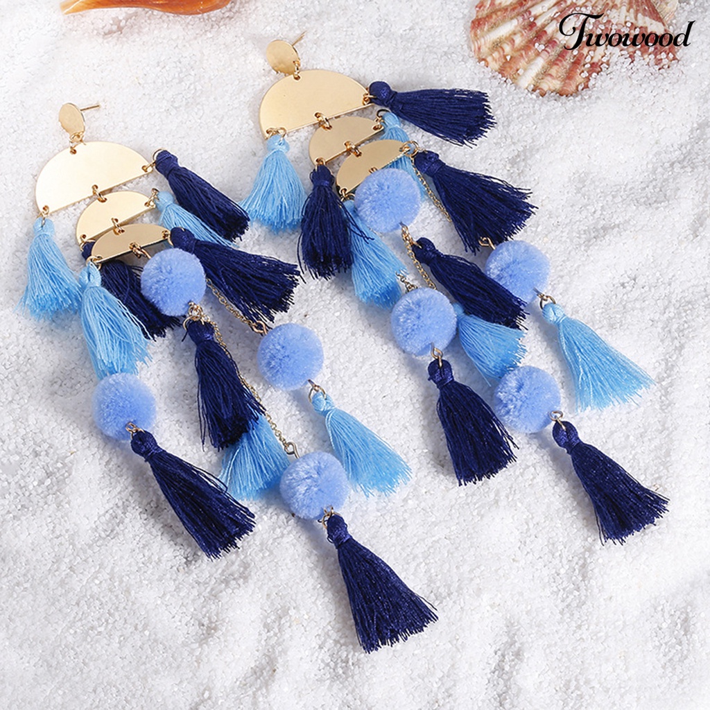 1 Pasang Anting Rumbai Multilayer Bentuk Setengah Lingkaran Tahan Jatuh Gaya Bohemian Untuk Wanita