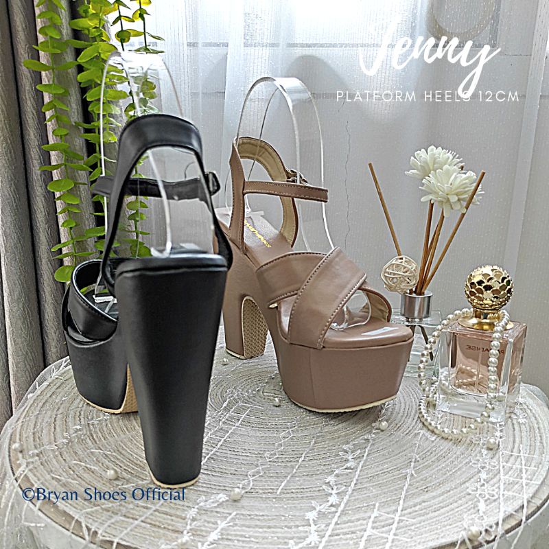 Bryan Jenny Dove Platform Heels Silang 12cm Hak Tahu Kelom Berkualitas Mocca Hitam Sol Tebal