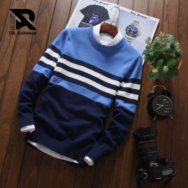 Rajut Ryan Sweater O-Neck Blue - Sweater Rajut Oblong Pria Katun Berkualitas