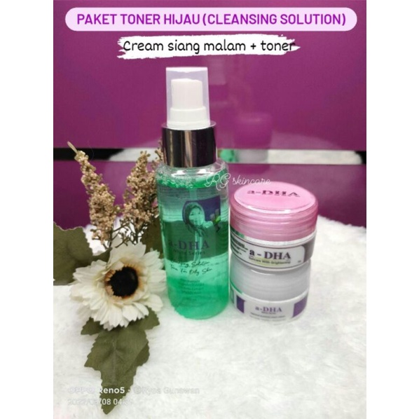 Paket ekonomis toner hijau (sleansing solution) cream siang & malam / adha white series