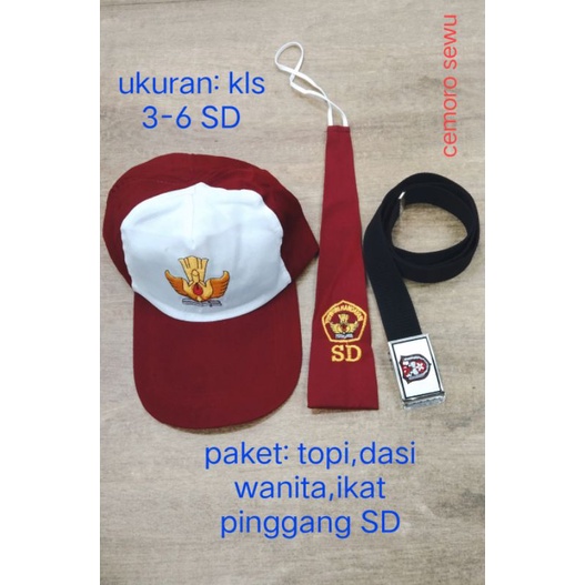 paket topi merah putih,dasi wanita dan ikat pinggang SD kelas 3-6