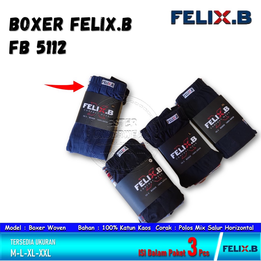 Felix.B Celana Boxer Pria FB 5112 ISI 3Pcs Motif Polos