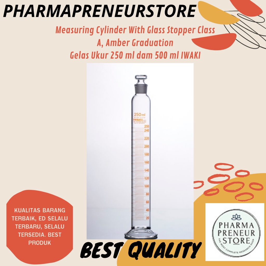 GELAS UKUR DENGAN SUMBAT KACA / MEASURING CYLINDER WITH GLASS STOPPER CLASS A, AMBER GRADUATION 250 ML DAN 500 ML IWAKI BEST PRODUCT BEST QUALITY