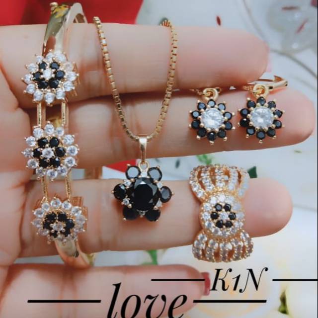 Xuping set perhiasan gelang anting cincin kalung lapis emas 24 1109