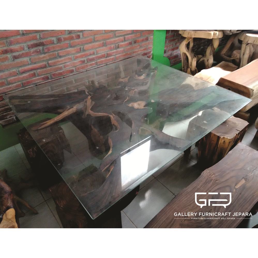 Meja Akar Kayu Sonokeling Kaca
