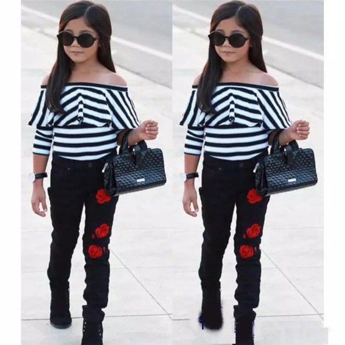 TBI Fashion Kids Import Setelan Sabrina Stripe + Celana Black Baju Anak