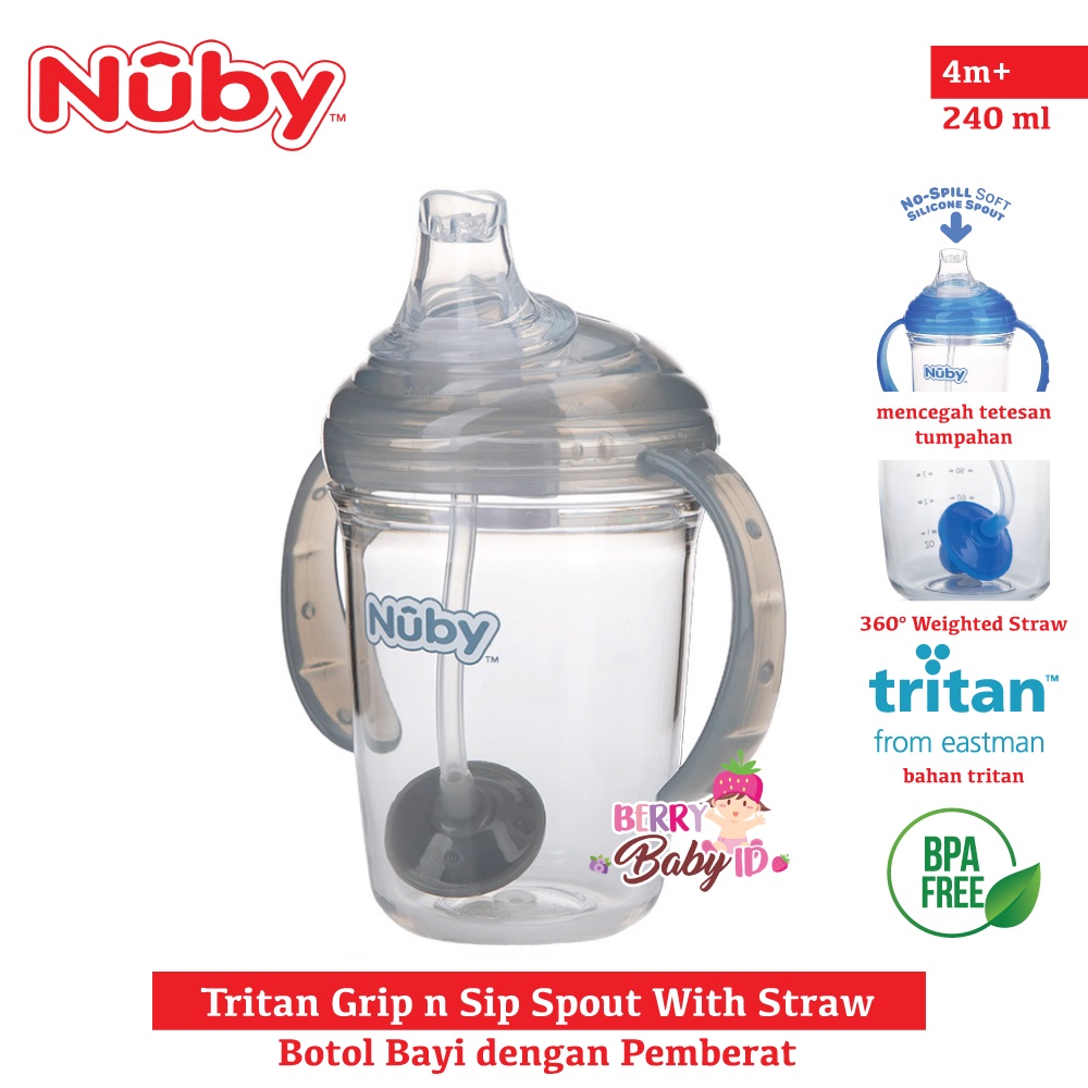 Nuby Tritan Grip n Sip Spout With Straw Botol Minum Training Cup Botol Sedotan Bayi Anak BPA Free Berry Mart