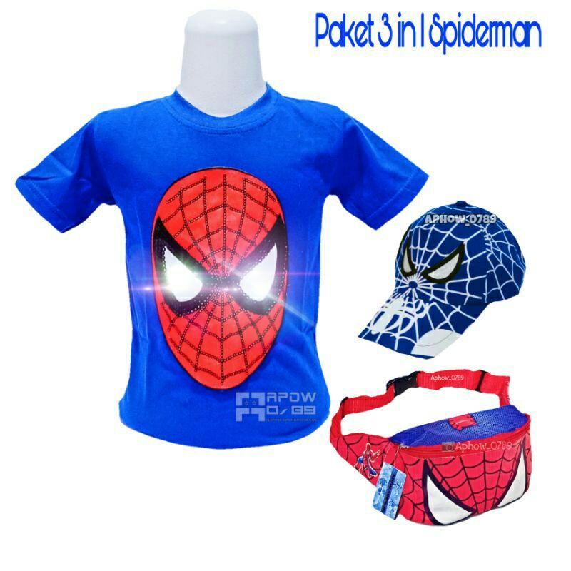 3IN1 BAJU KAOS ANAK KARAKTER SPIDERMAN LED BISA NYALA TOPI ANAK DAN TAS SELEMPANG ANAK PAKET HEMAT WAISTBAG ANAK TOPI ANAK BAJU ANAK