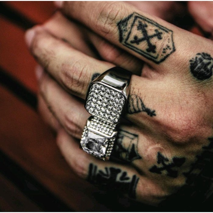 Cincin titanium stainless steel square kotak batu zircon silver pria