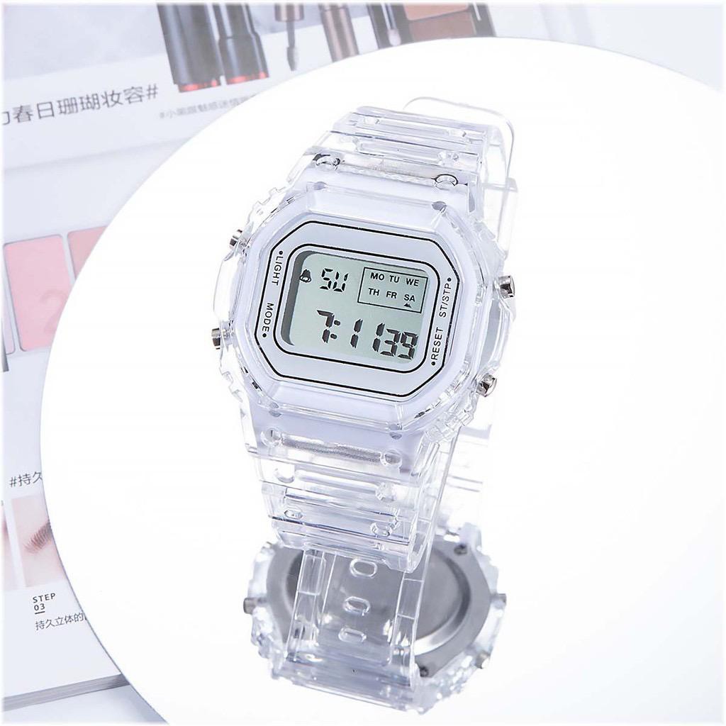 JAM TANGAN RUBBER DIGITAL SEGI DW-5600 TRANSPARAN MURAH KARET SPORT LED PRIA WANITA COUPLE JF059-PUTIH