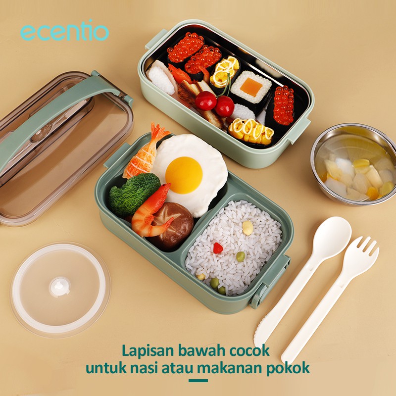 ecentio &amp; FOODI  kotak makan stainless 304 3 Sekat 2 susun 1200ml+180ml cangkir sup tahan panas anti tumpah /Free Sendok Garpu dengan pegangan