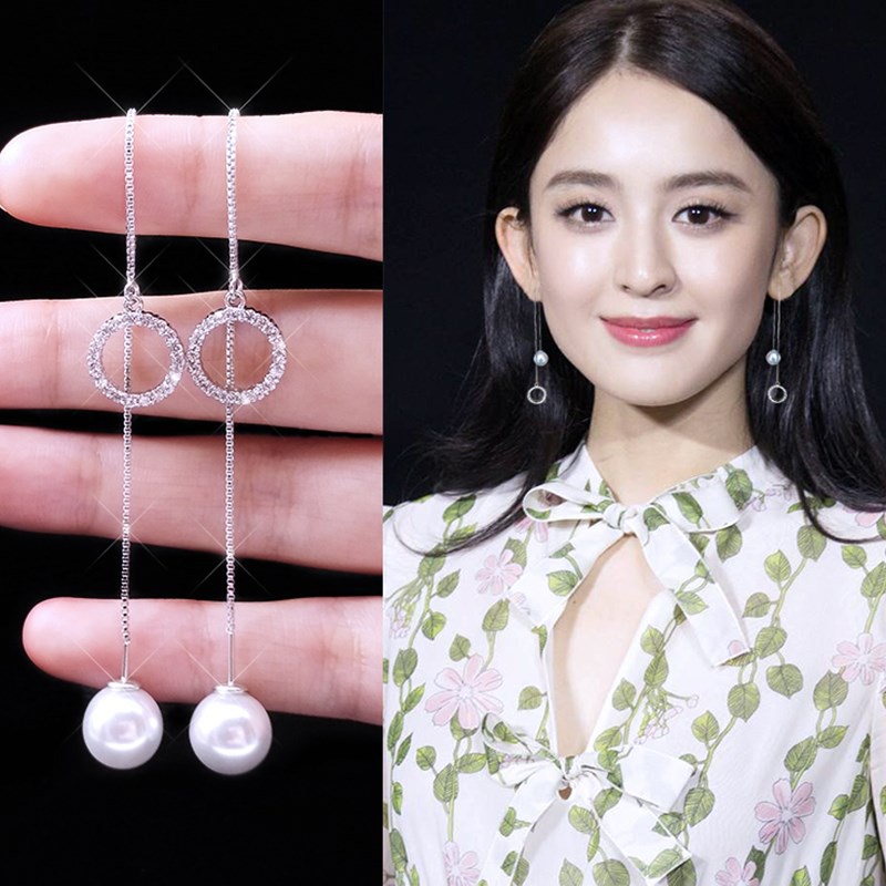 Dongdaemun sederhana anggun Korea Panjang lingkaran zircon pearl stud earrings gadis anti alergi ant