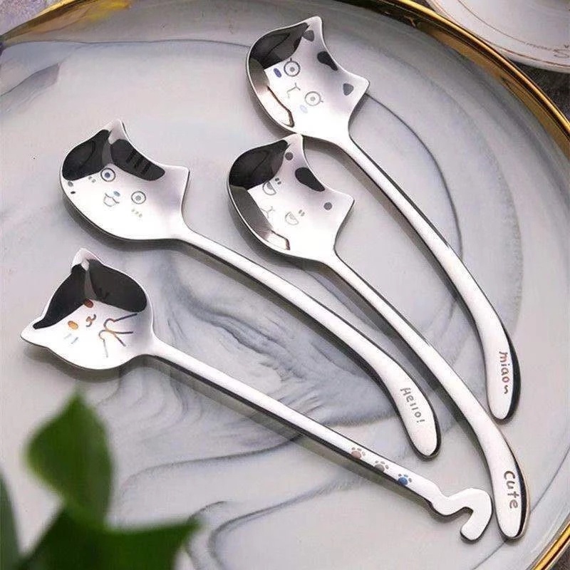 1 Pc Cute Long Tail Cat Coffee Spoon/ Stainless Steel Cat Shape Meal Spoon/ Creative Kitchen Bar Tableware Accessories