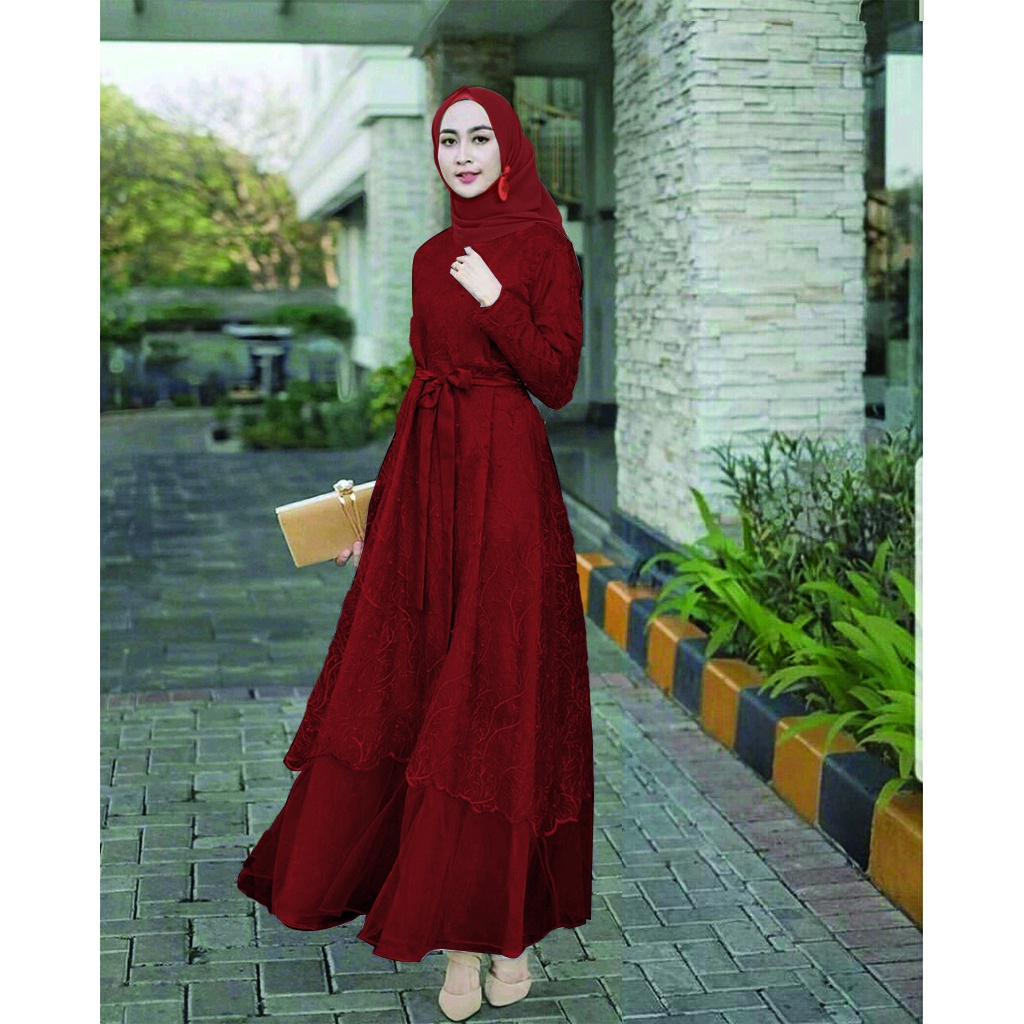 7 WARNA ADA JUMBO & BUSUI Dress Exclusive Brukat Tille Kayla Maxi Dress Aurel Premium Gamis Syari Lebaran Terbaru-MARUN