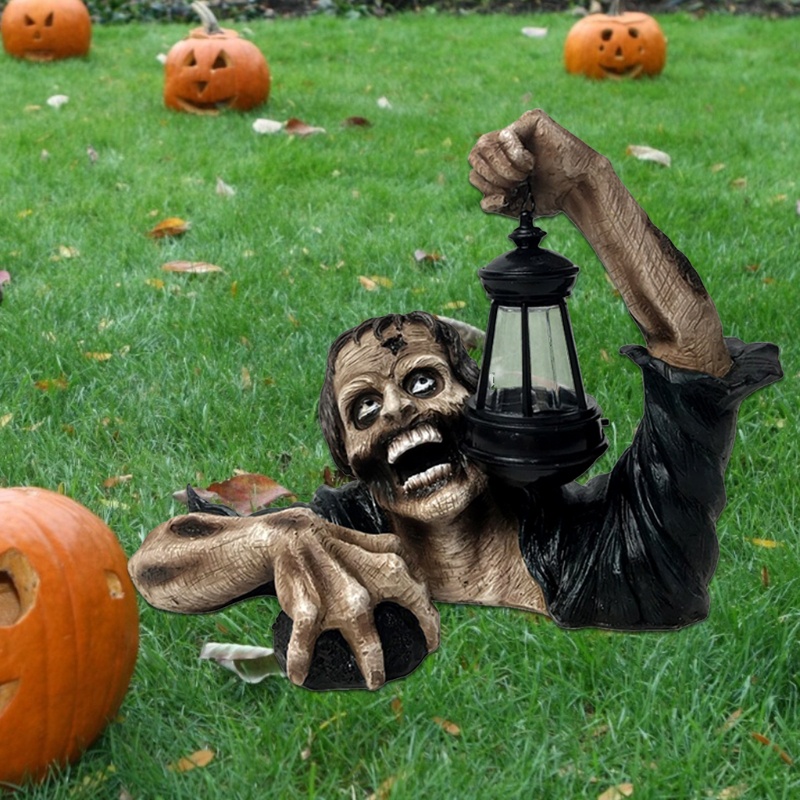 Ornamen Patung Zombie Taman Dengan Lentera Bahan Resin Untuk Halloween