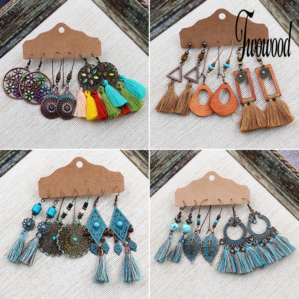 3 Pasang Anting Rumbai Menjuntai Bahan Alloy Gaya Retro Untuk Wanita