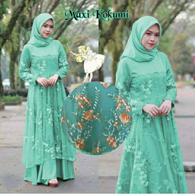MAXI KOKUMI BAJU MUSLIM WANITA KEKINIAN BUSANA MUSLIM TERBARU LAPIS TILE BORDIR IMPORT PANJANG 140CM