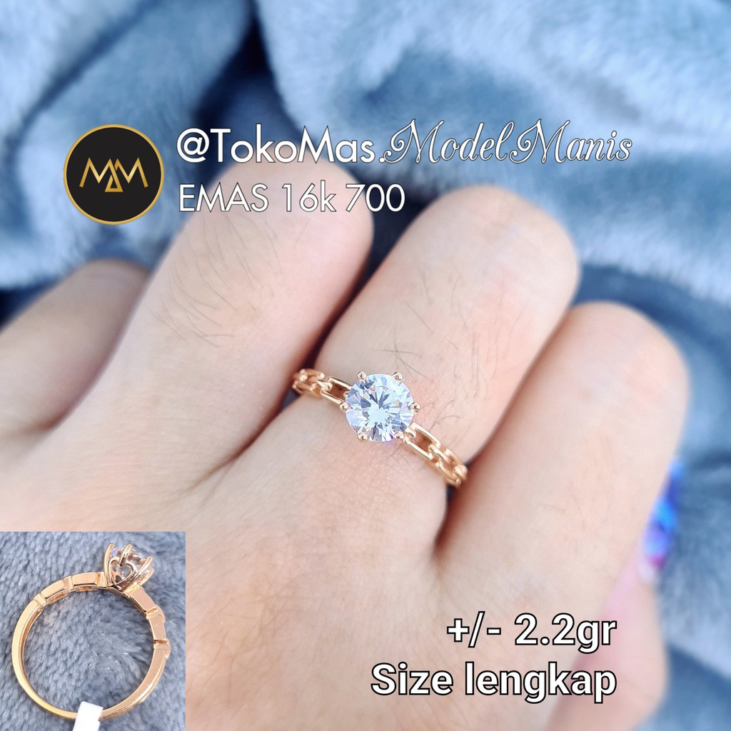 Cincin Solitaire model rantai emas kuning 700 kadar 16k