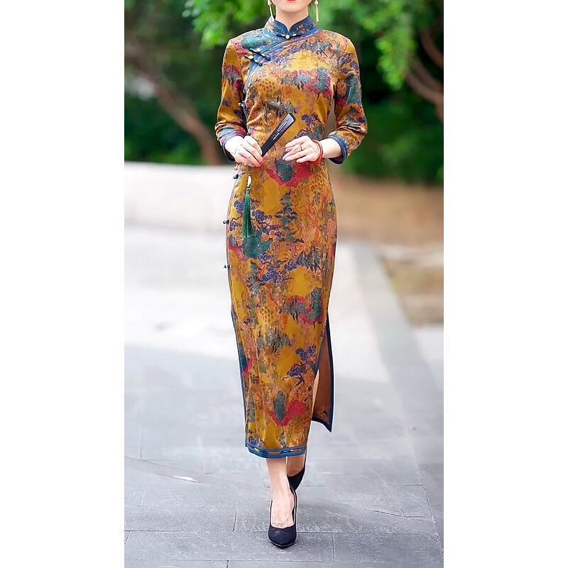 National style retro improved cheongsam dress women's 2021 autumn new middle-aged and elderly mother