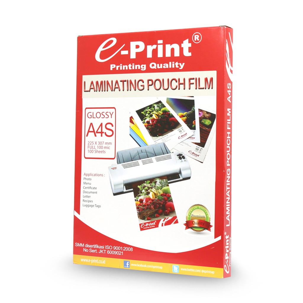 

Kertas / Plastik Laminating Pouch Ukuran A4S 100mic 100lembar e-Print