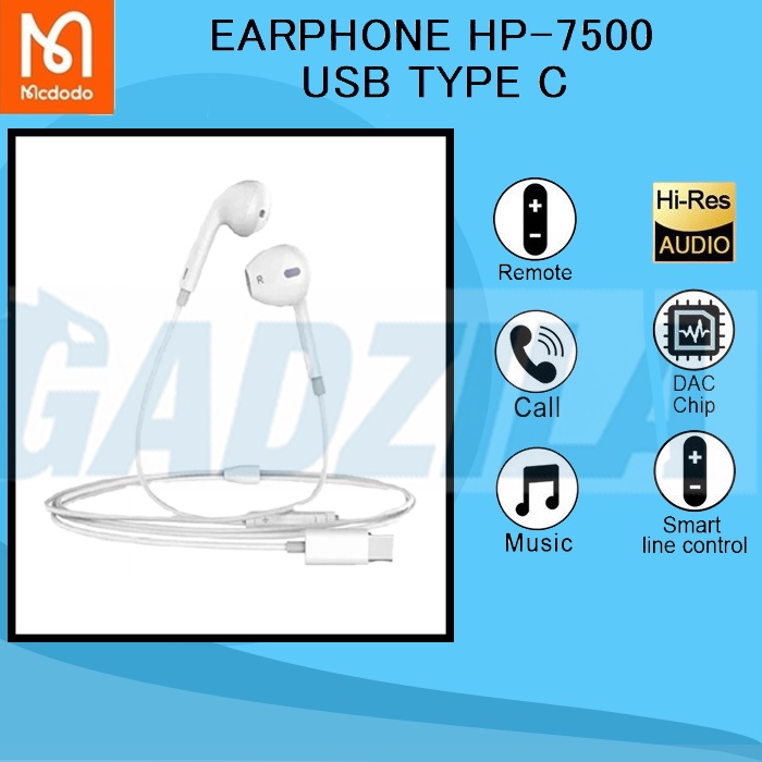 MCDODO HP-7500 HANDSFREE EARPHONE USB TYPE C HI-RES WITH MIC HEADSET